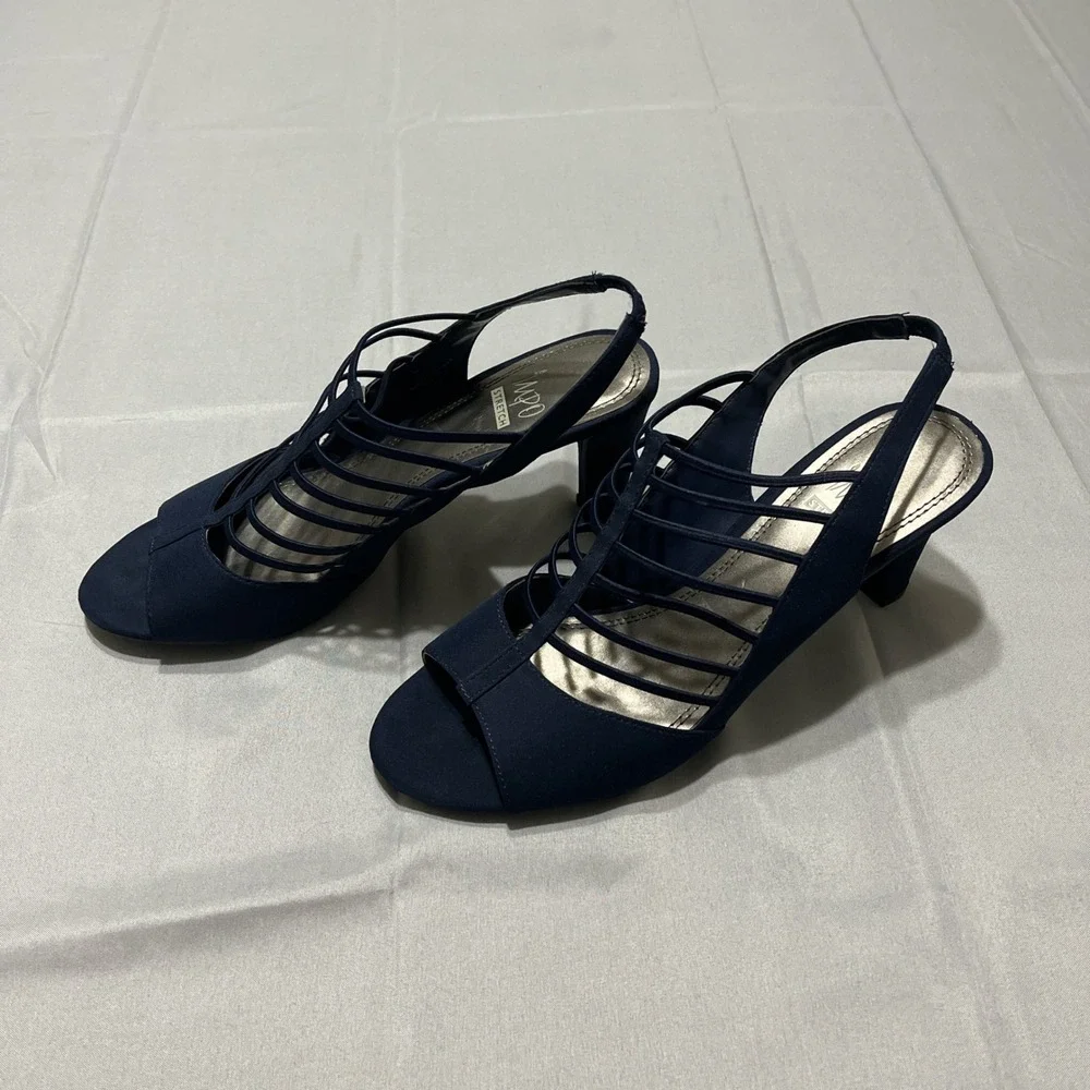 Impo‎ Stretch Navy Strappy Size 9M Open Toe Slingback Heels Comfort Dress Shoes